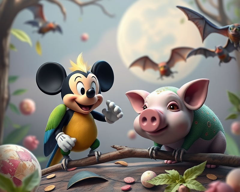 mickey mouse, parakeet, chameleon, pig, bat